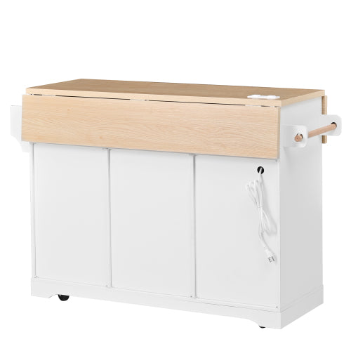 Large Kitchen Island with 2 Drop Leaf,Rolling Kitchen Cart on 5 Wheels with Power Outlet,Folding Storage Dining Table with Spice & Towel Rack , 3 Drawers, for Kitchen, Dining Room, White