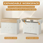 Large Kitchen Island with 2 Drop Leaf,Rolling Kitchen Cart on 5 Wheels with Power Outlet,Folding Storage Dining Table with Spice & Towel Rack , 3 Drawers, for Kitchen, Dining Room, White