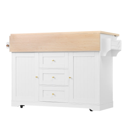 Large Kitchen Island with 2 Drop Leaf,Rolling Kitchen Cart on 5 Wheels with Power Outlet,Folding Storage Dining Table with Spice & Towel Rack , 3 Drawers, for Kitchen, Dining Room, White