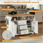Large Kitchen Island with 2 Drop Leaf,Rolling Kitchen Cart on 5 Wheels with Power Outlet,Folding Storage Dining Table with Spice & Towel Rack , 3 Drawers, for Kitchen, Dining Room, White