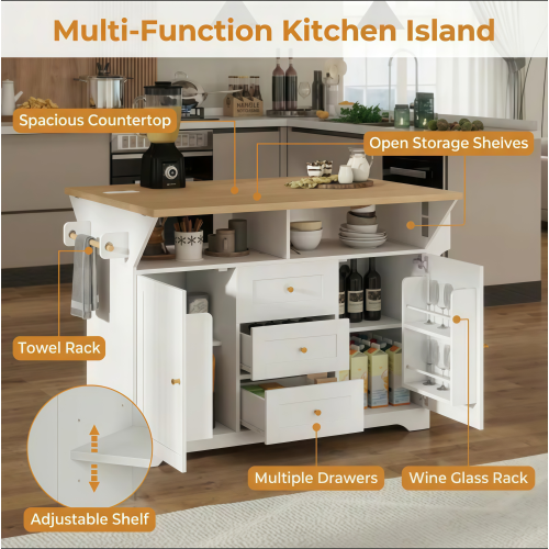 Large Kitchen Island with 2 Drop Leaf,Rolling Kitchen Cart on 5 Wheels with Power Outlet,Folding Storage Dining Table with Spice & Towel Rack , 3 Drawers, for Kitchen, Dining Room, White