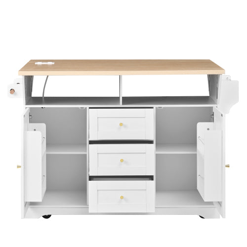 Large Kitchen Island with 2 Drop Leaf,Rolling Kitchen Cart on 5 Wheels with Power Outlet,Folding Storage Dining Table with Spice & Towel Rack , 3 Drawers, for Kitchen, Dining Room, White
