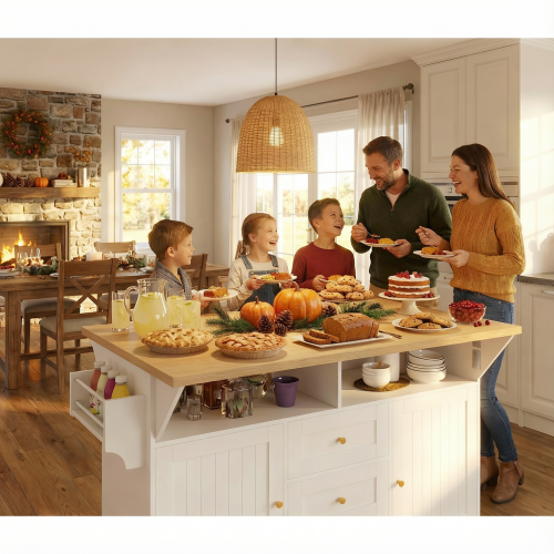 Large Kitchen Island with 2 Drop Leaf,Rolling Kitchen Cart on 5 Wheels with Power Outlet,Folding Storage Dining Table with Spice & Towel Rack , 3 Drawers, for Kitchen, Dining Room, White