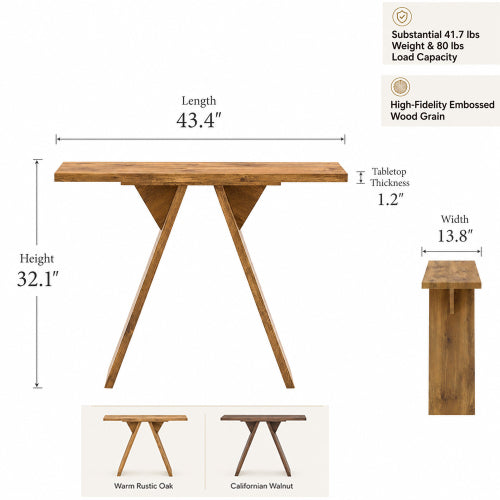 Console Table, 43.4-Inch Long Narrow Entryway Table with V-Shaped Base, Rustic Sofa Console for Hallway, Living Room, Behind Sofa