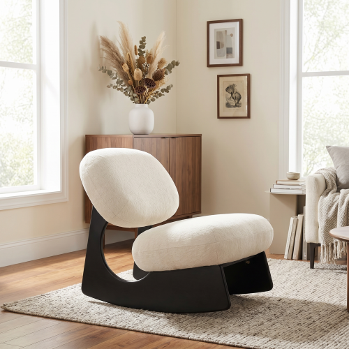 Modern Curved Hollow Base Rocking Accent Chair, Soft Textured Chenille Upholstered Armless Rocker Lounge Chair, Unique Sculptural Rocking Chair for Living Room Bedroom Nursery