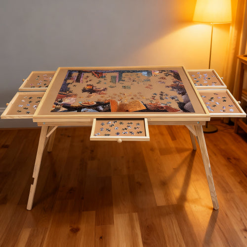 27" H Tall 1500 Piece Puzzle Table with Legs, 5 Drawers, 34" W x 26" D Large Wood Folding Jigsaw Puzzle Board for Adults, Nature