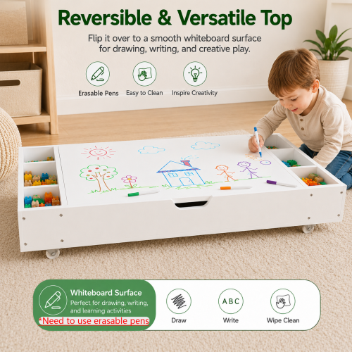 The 3 in 1 Reversible Kids Activity Table and Toy Organizer Compatible with Lego, Building Bricks & Whiteboard Play Table with City Road Map, Low-Profile Design for Under Sofa/Bed Storage