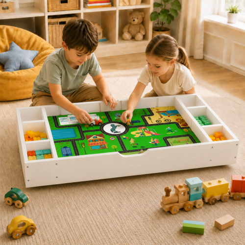 The 3 in 1 Reversible Kids Activity Table and Toy Organizer Compatible with Lego, Building Bricks & Whiteboard Play Table with City Road Map, Low-Profile Design for Under Sofa/Bed Storage