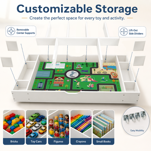 The 3 in 1 Reversible Kids Activity Table and Toy Organizer Compatible with Lego, Building Bricks & Whiteboard Play Table with City Road Map, Low-Profile Design for Under Sofa/Bed Storage