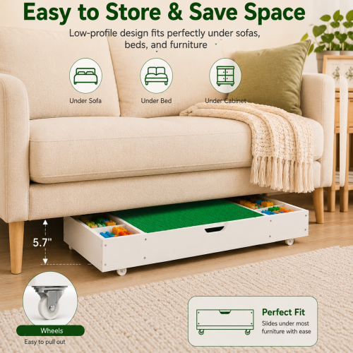 The 3 in 1 Reversible Kids Activity Table and Toy Organizer Compatible with Lego, Building Bricks & Whiteboard Play Table with City Road Map, Low-Profile Design for Under Sofa/Bed Storage