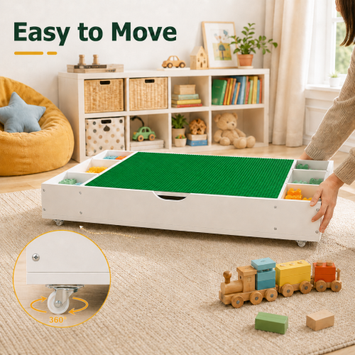 The 3 in 1 Reversible Kids Activity Table and Toy Organizer Compatible with Lego, Building Bricks & Whiteboard Play Table with City Road Map, Low-Profile Design for Under Sofa/Bed Storage