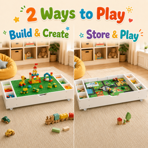 The 3 in 1 Reversible Kids Activity Table and Toy Organizer Compatible with Lego, Building Bricks & Whiteboard Play Table with City Road Map, Low-Profile Design for Under Sofa/Bed Storage