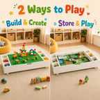 The 3 in 1 Reversible Kids Activity Table and Toy Organizer Compatible with Lego, Building Bricks & Whiteboard Play Table with City Road Map, Low-Profile Design for Under Sofa/Bed Storage