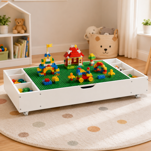 The 3 in 1 Reversible Kids Activity Table and Toy Organizer Compatible with Lego, Building Bricks & Whiteboard Play Table with City Road Map, Low-Profile Design for Under Sofa/Bed Storage