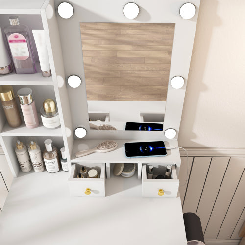 Vanity Table with Mirror & Adjustable LED Lights, Power Outlet, Hairdryer Holder & Stool – Compact Dressing Desk for Small Bedrooms(White)