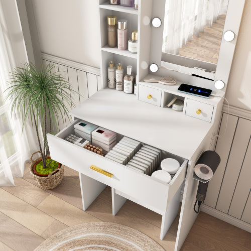 Vanity Table with Mirror & Adjustable LED Lights, Power Outlet, Hairdryer Holder & Stool – Compact Dressing Desk for Small Bedrooms(White)
