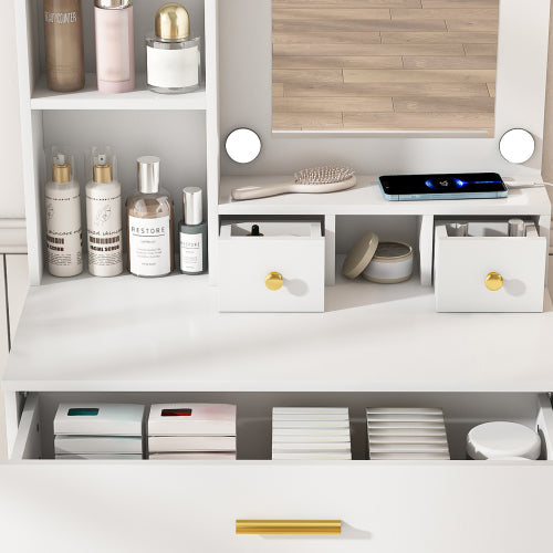 Vanity Table with Mirror & Adjustable LED Lights, Power Outlet, Hairdryer Holder & Stool – Compact Dressing Desk for Small Bedrooms(White)