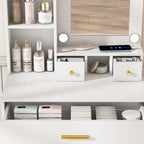 Vanity Table with Mirror & Adjustable LED Lights, Power Outlet, Hairdryer Holder & Stool – Compact Dressing Desk for Small Bedrooms(White)