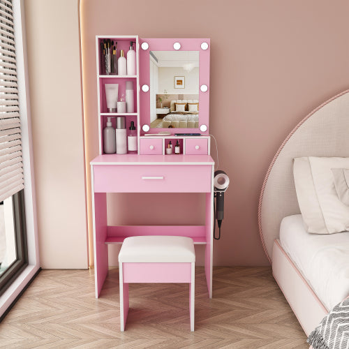 Vanity Table with Mirror & Adjustable LED Lights, Power Outlet, Hairdryer Holder & Stool – Compact Dressing Desk for Small Bedrooms(White)