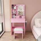Vanity Table with Mirror & Adjustable LED Lights, Power Outlet, Hairdryer Holder & Stool – Compact Dressing Desk for Small Bedrooms(White)