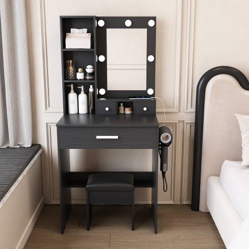 Vanity Table with Mirror & Adjustable LED Lights, Power Outlet, Hairdryer Holder & Stool – Compact Dressing Desk for Small Bedrooms(White)