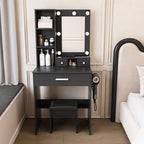 Vanity Table with Mirror & Adjustable LED Lights, Power Outlet, Hairdryer Holder & Stool – Compact Dressing Desk for Small Bedrooms(White)