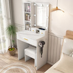 Vanity Table with Mirror & Adjustable LED Lights, Power Outlet, Hairdryer Holder & Stool – Compact Dressing Desk for Small Bedrooms(White)