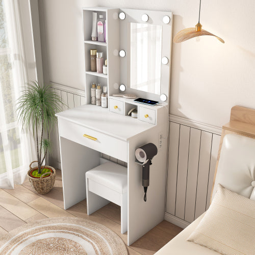 Vanity Table with Mirror & Adjustable LED Lights, Power Outlet, Hairdryer Holder & Stool – Compact Dressing Desk for Small Bedrooms(White)