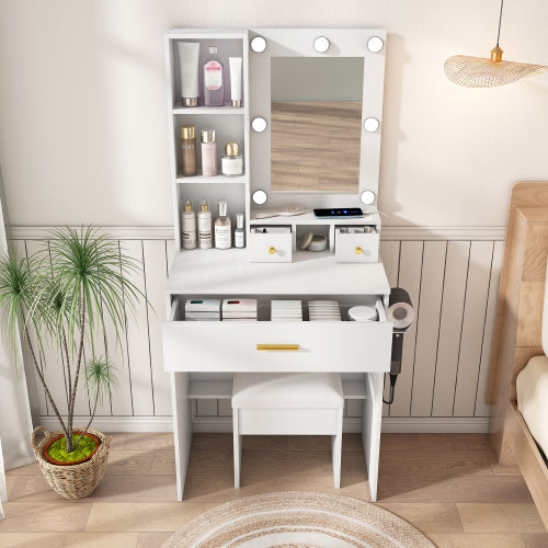 Vanity Table with Mirror & Adjustable LED Lights, Power Outlet, Hairdryer Holder & Stool – Compact Dressing Desk for Small Bedrooms(White)