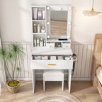 Vanity Table with Mirror & Adjustable LED Lights, Power Outlet, Hairdryer Holder & Stool – Compact Dressing Desk for Small Bedrooms(White)
