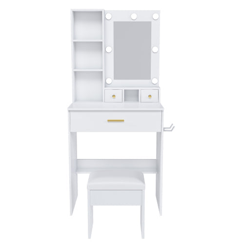 Vanity Table with Mirror & Adjustable LED Lights, Power Outlet, Hairdryer Holder & Stool – Compact Dressing Desk for Small Bedrooms(White)