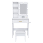 Vanity Table with Mirror & Adjustable LED Lights, Power Outlet, Hairdryer Holder & Stool – Compact Dressing Desk for Small Bedrooms(White)