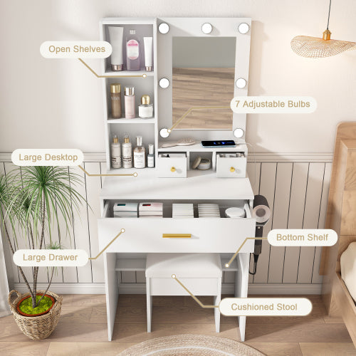 Vanity Table with Mirror & Adjustable LED Lights, Power Outlet, Hairdryer Holder & Stool – Compact Dressing Desk for Small Bedrooms(White)