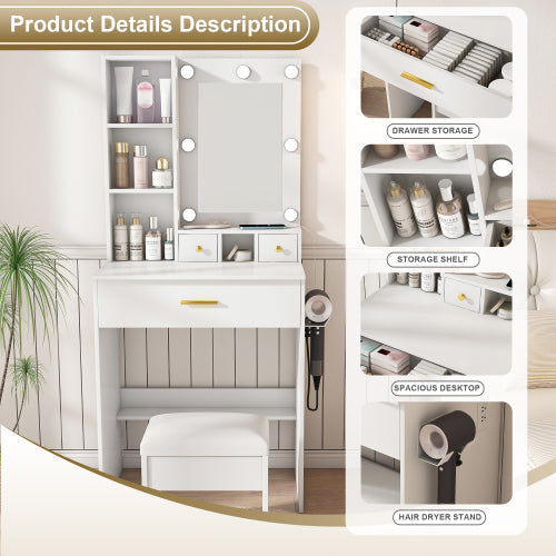 Vanity Table with Mirror & Adjustable LED Lights, Power Outlet, Hairdryer Holder & Stool – Compact Dressing Desk for Small Bedrooms(White)