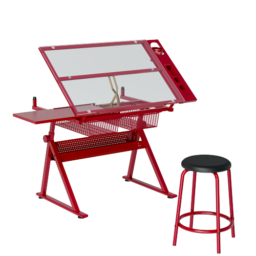 Black Adjustable Tempered Glass Drafting Printing Table with Chair