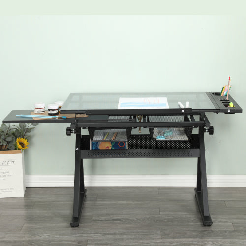Black Adjustable Tempered Glass Drafting Printing Table with Chair