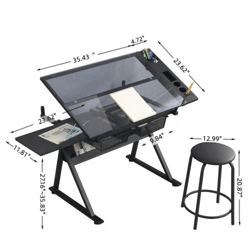 Black Adjustable Tempered Glass Drafting Printing Table with Chair