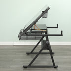 Black Adjustable Tempered Glass Drafting Printing Table with Chair