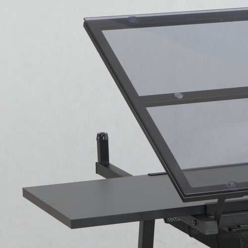 Black Adjustable Tempered Glass Drafting Printing Table with Chair