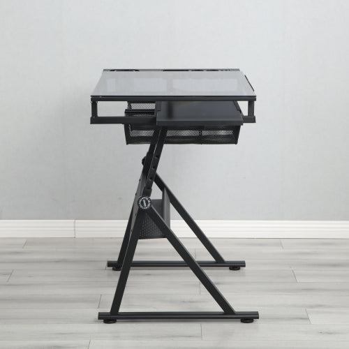 Black Adjustable Tempered Glass Drafting Printing Table with Chair