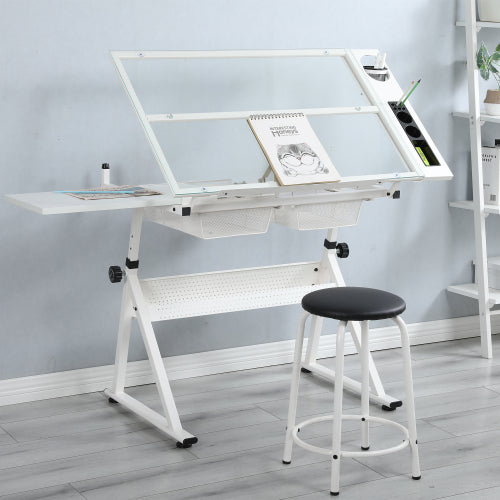 Black Adjustable Tempered Glass Drafting Printing Table with Chair
