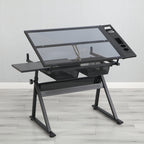 Black Adjustable Tempered Glass Drafting Printing Table with Chair