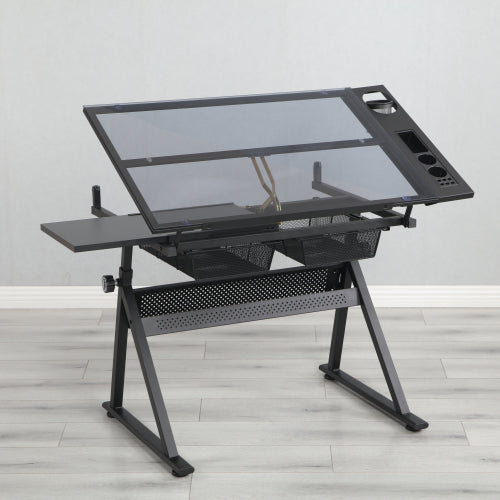 Black Adjustable Tempered Glass Drafting Printing Table with Chair