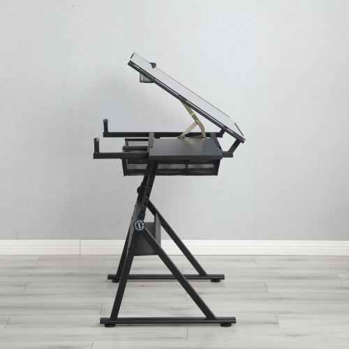 Black Adjustable Tempered Glass Drafting Printing Table with Chair