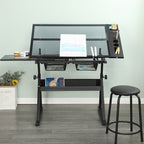 Black Adjustable Tempered Glass Drafting Printing Table with Chair