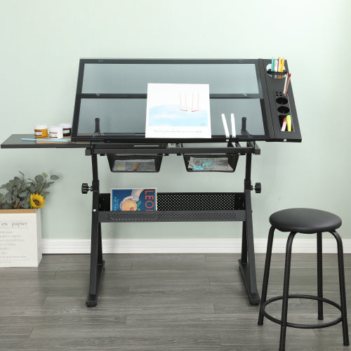 Black Adjustable Tempered Glass Drafting Printing Table with Chair